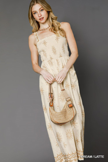 Umgee Smocked Printed Wide Leg Jumpsuit