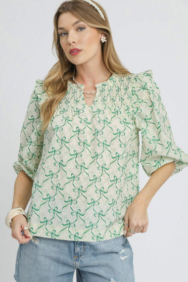 Umgee Ruffled Bow Print Notched Blouse