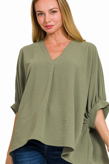 Zenana Woven Airflow V-neck Puff Half Sleeve Top