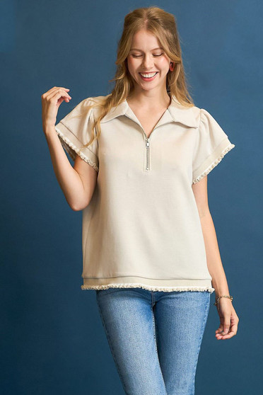 Umgee Frill Hem Half-Zip Collared Blouse