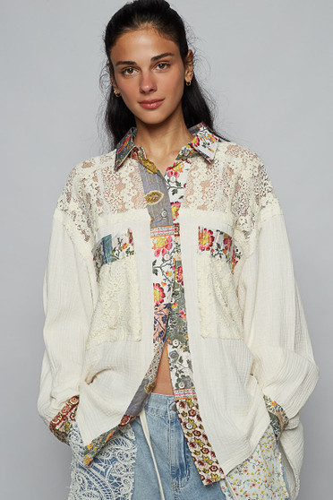 POL Lace Patchwork Floral Trim Long Sleeve Shirt