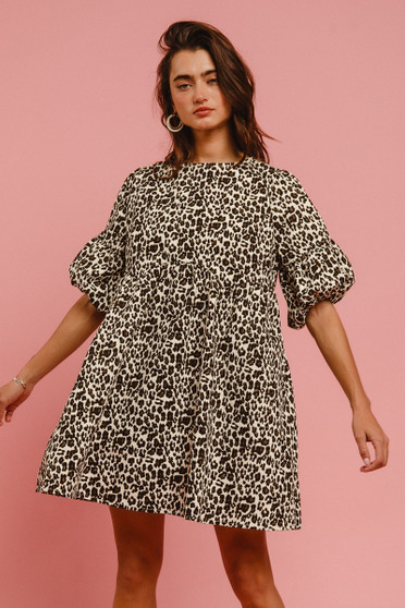 BiBi Leopard Denim Dress With Back Contrast Tie Detail
