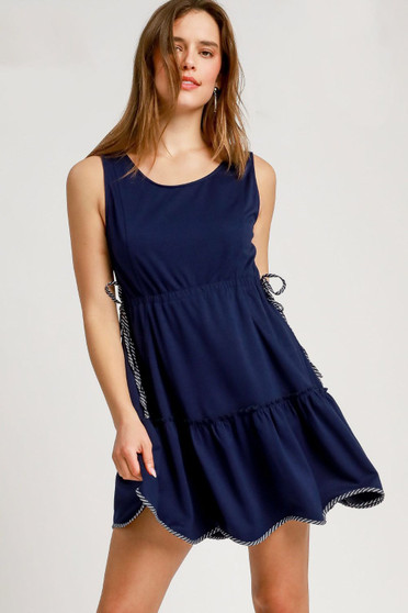 Umgee Frill Drawstring Waist Round Neck Mini Tank Dress