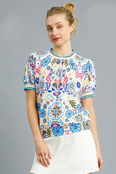 Umgee Retro Floral Puff Sleeve Top