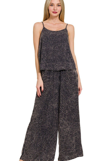 Zenana Woven Acid Crinkle Washed Cami & Pants 2 Piece Set