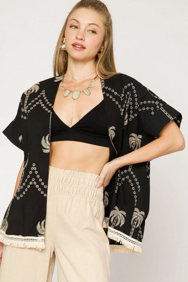 Umgee Open Front Embroidered Fringe Kimono
