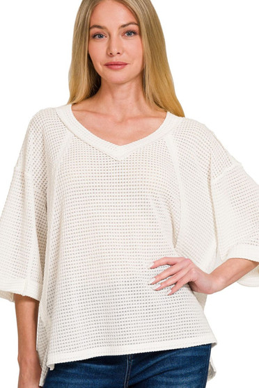 Zenana Brushed Waffle Exposed-seam 3/4 Sleeve Top