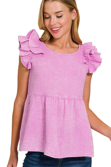 Zenana Double Gauze Acid Washed Tiered Ruffle Peplum Top