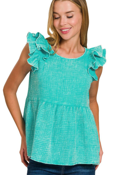 Zenana Double Gauze Acid Washed Tiered Ruffle Peplum Top