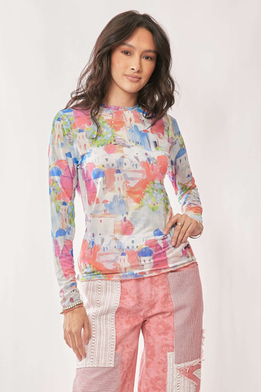 Davi & Dani Multi Printed Mesh Round Neck Long Sleeve Top