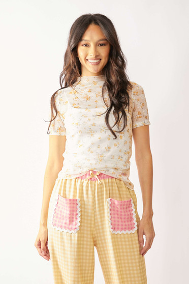 Davi & Dani Loose Turtle Neck Lace Mesh Lace Sheer Top