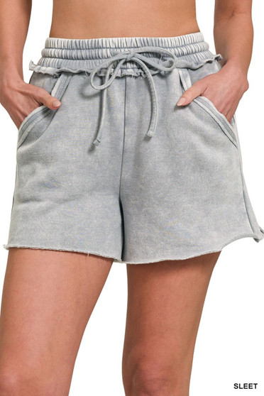 Zenana Acid Wash Fleece Drawstring Shorts With Pockets