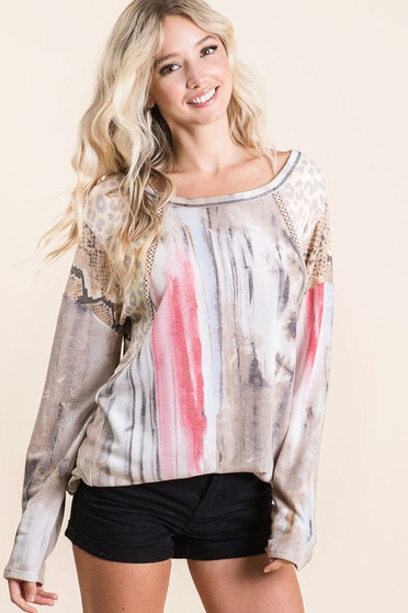 BiBi Tie Dye Knit Top with Print Block Shoulder