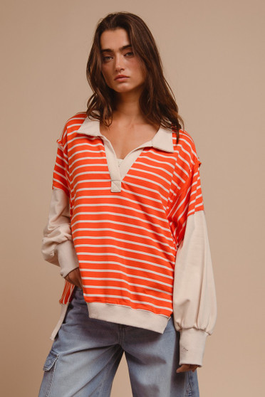 BiBi Stripe Knit Loose Fit Top With Cut Edge Detail