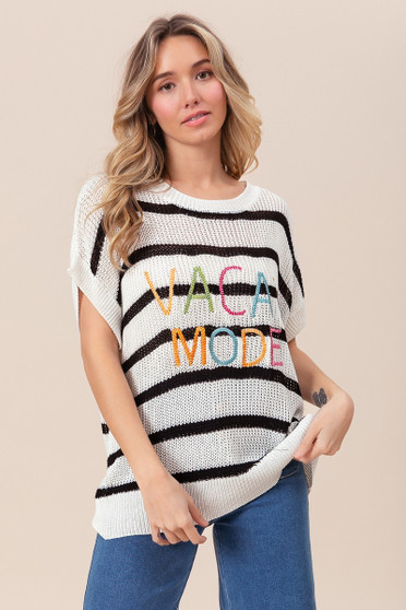 BiBi Vacay Mode Lettering Drop Shoulder Striped Sweater