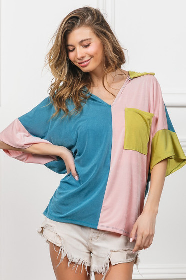 BiBi Slinky Knit Color Block V Neck Front Top