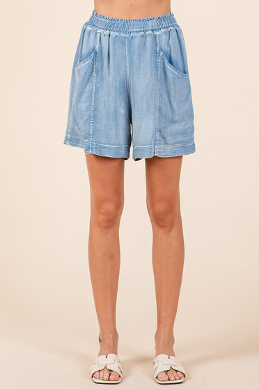 Mittoshop Washed Chambray Elastic Waist Easy Fit Shorts