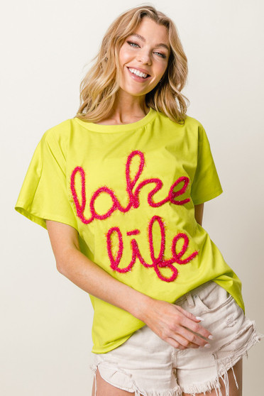 BiBi Metallic Letter Short Dolman Sleeve Top