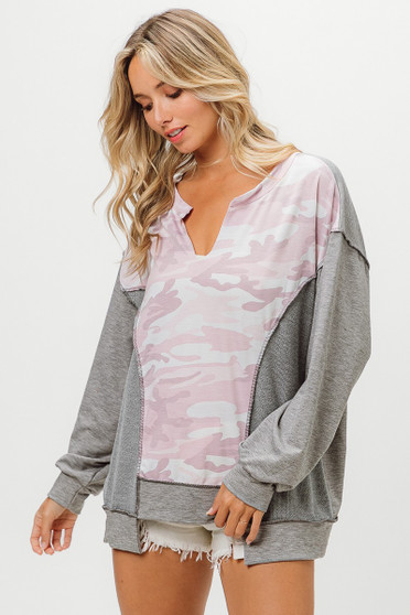 BiBi Camo Printed French Terry Knit Color Block Top