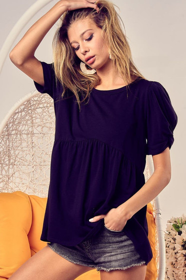 BiBi Cotton Span Knit With Puff Sleeve Baby Doll Top