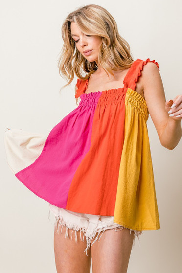 BiBi Frill Shoulder Strap Color Block Bodice Top