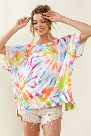 BiBi Tie Dye Print Jersey Stitched Uneven Hem Top