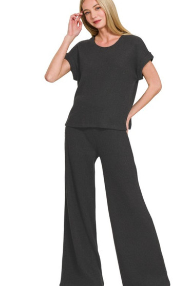 Zenana Rolled Sleeve Top and Pants Sweater Set