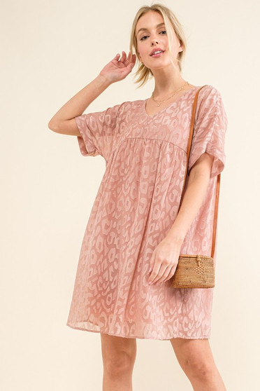 And The Why Woven Leopard Baby Doll Roll-Sleeve Casual Dress