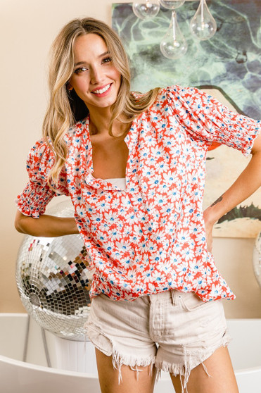 BiBi Floral Jqd Smoked Puff Sleeves V Neck Top