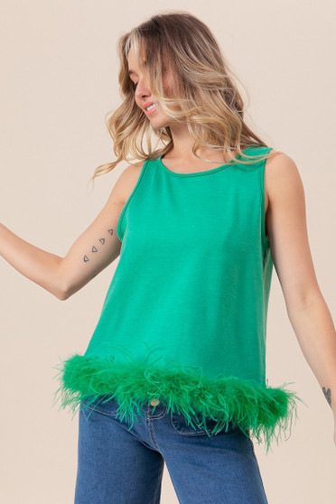 BiBi French Terry Faux Feather Bottom Back Tied Top