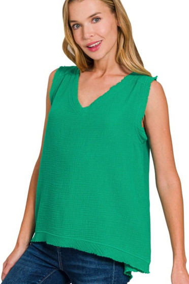 Zenana Double Gauze Raw Edge V-Neck Tank