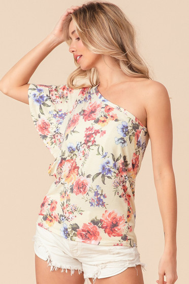 BiBi Floral Printed Jersey Knit Ruffle Sleeve Top