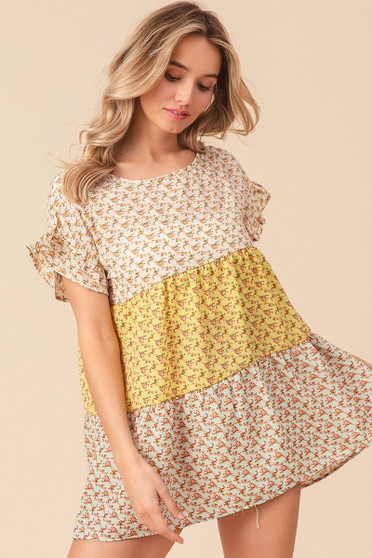 BiBi Flroal Printed Woven Color Block and Tiered Top