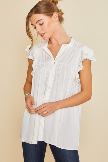 Annie Wear Ruffle Sleeve Shirred Flowy Woven Tunic Shirts