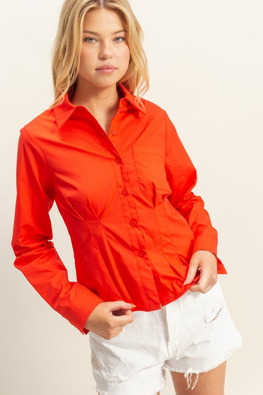 HYFVE Long Sleeve Pleated Waist Poplin Shirt