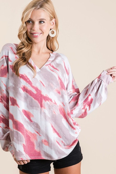BiBi Tie Dye French Terry Top with Balloon Sleeves