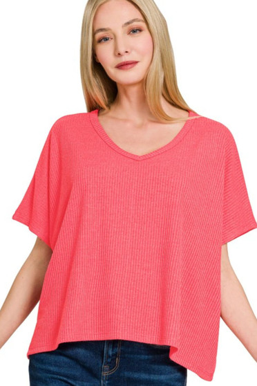Zenana Ribbed V-Neck Short-Sleeve Knit Top
