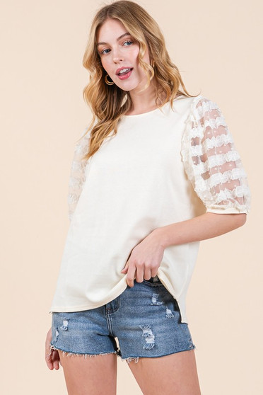 Lime 'N' Chili Full Size Lace Puff Sleeve Round Neck Top Plus Size