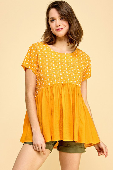 Lime 'N' Chili Embroidered Short Sleeve Pleated Babydoll Top