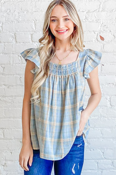 And The Why Plaid Print Smocked Detail Ruffle Baby Doll Top