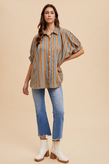Annie Wear Oversized Drop Shoulder Striped Woven Shirt