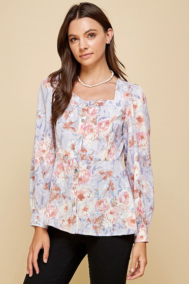 Lime 'N' Chili Floral Sweetheart Neckline Button Down Blouse