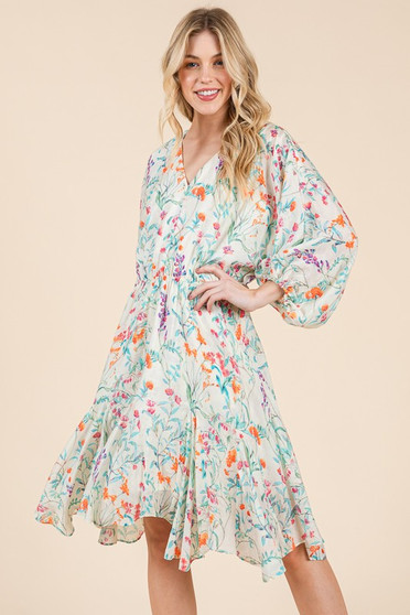 Lime 'N' Chili Floral Cinched Waist Balloon Sleeve V-Neck Dress