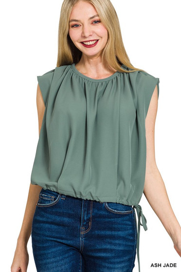Zenana Woven Drawstring Tie Side Sleeveless Top