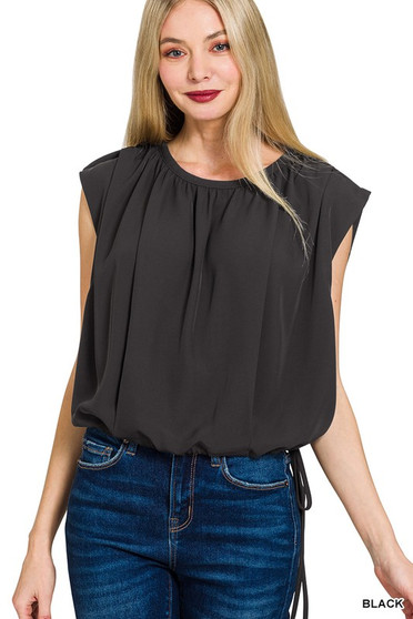 Zenana Woven Drawstring Tie Side Sleeveless Top