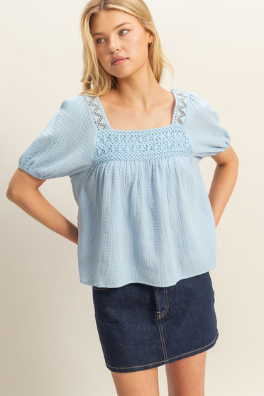 HYFVE Crochet Detail Puff Sleeve Peasant Top