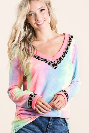 BiBi Tie Dye Terry V-Neck Top