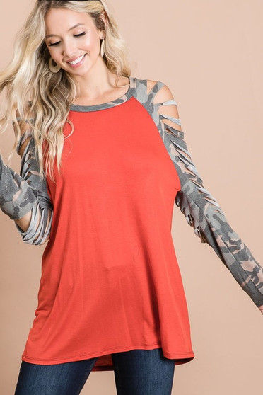 BiBi Jersey Knit Top with Camouflage Laser Cut Sleeves
