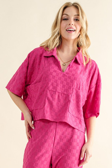 And The Why Brushed Texture Checker Board Pattern Casual Top