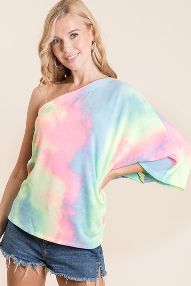 BiBi Tie Dye French Terry One Shoulder Top with Dolman